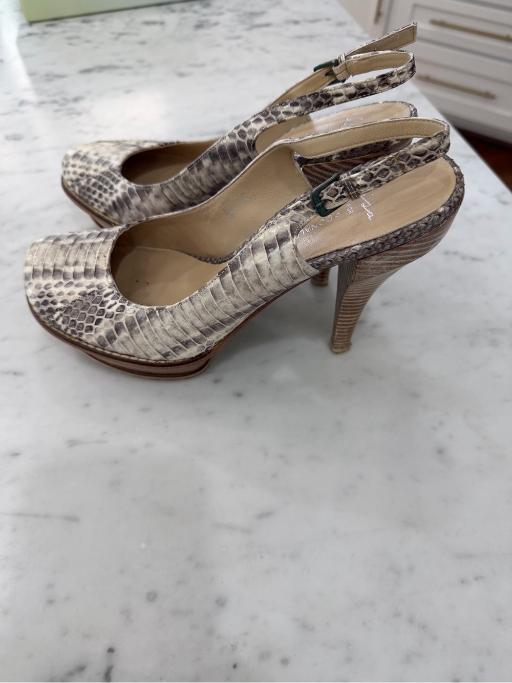 Donald J. Pliner Snake-Print Slingback Heels in Cream and Brown